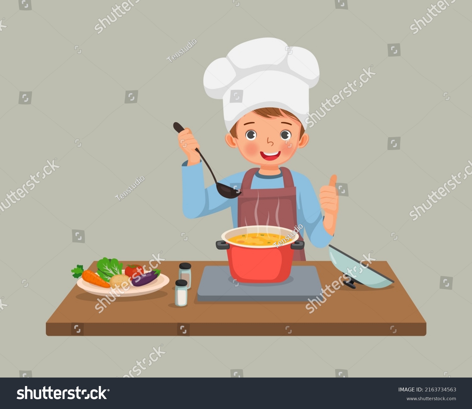 Cute Little Boy Chef Cooking Delicious Stock Vector (Royalty Free ...