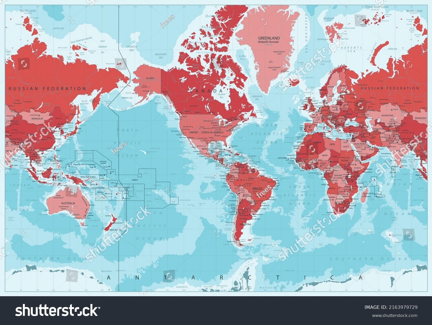 World Map Political American View America Stock Vector World Map Political American View America In Center Red And Pink Colors Water Bathymetry 2163979729