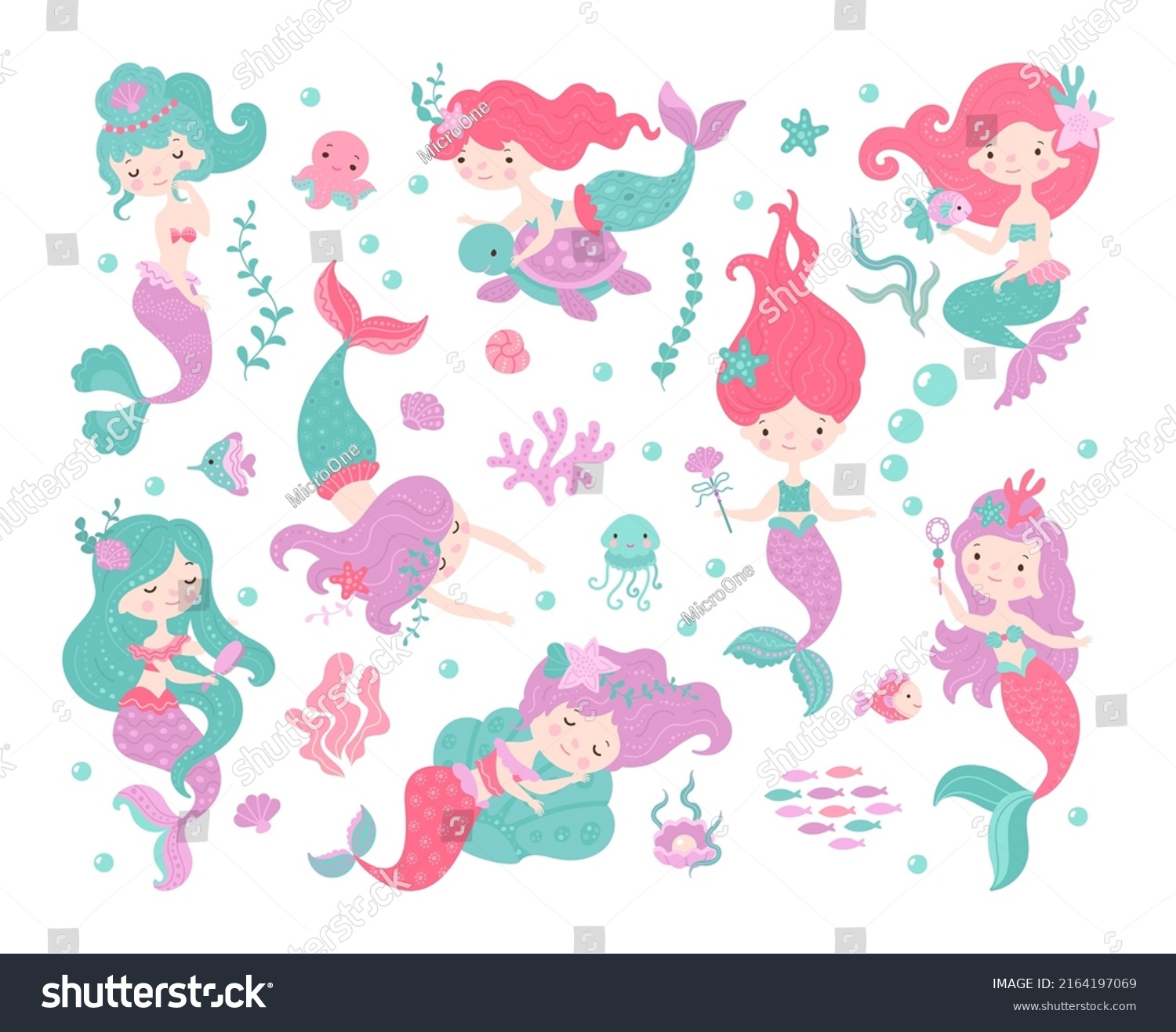 Cartoon Mermaids Set Mermaid Girl Fish Stock Vector (Royalty Free ...