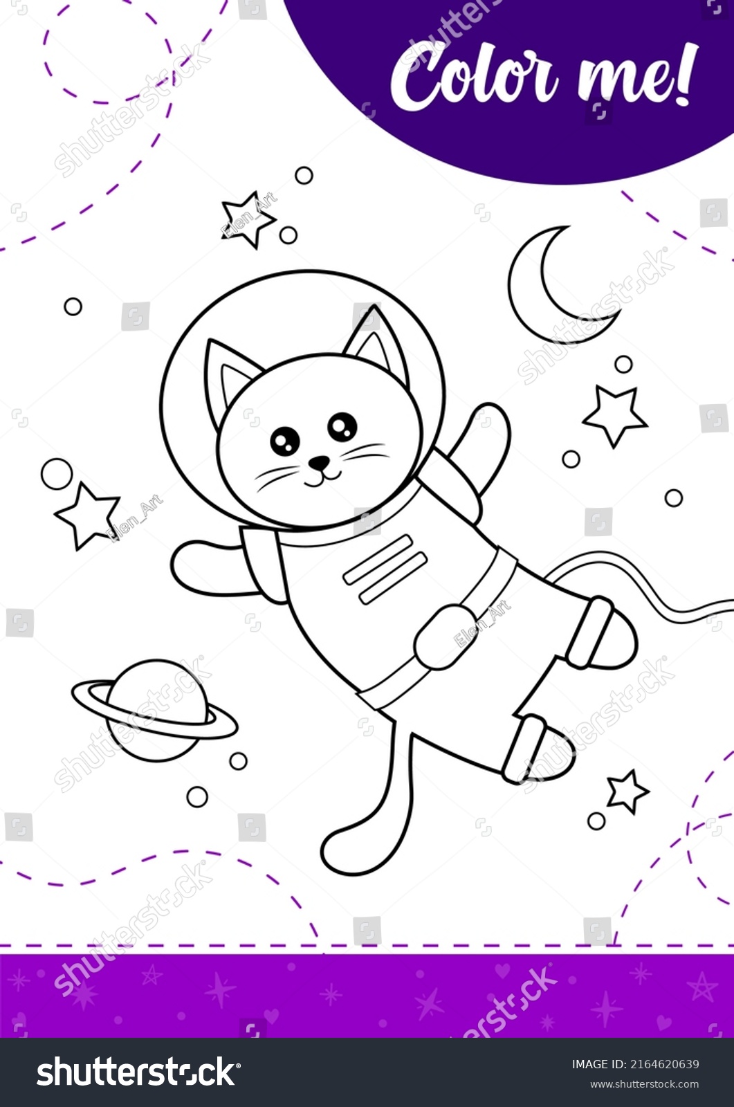 Coloring Page Kids Cute Cat Space Stock Vector (Royalty Free