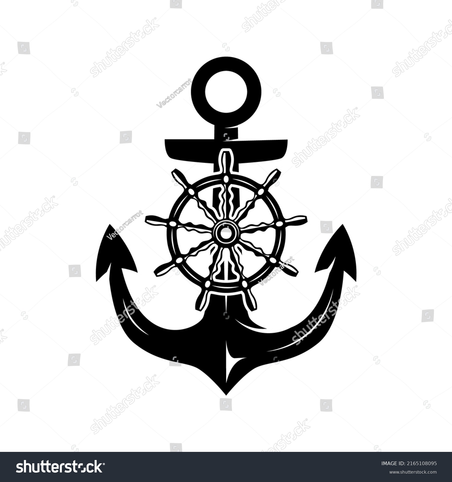 Illustration Anchor Ship Steering Wheel Monochrome Stock Vector ...