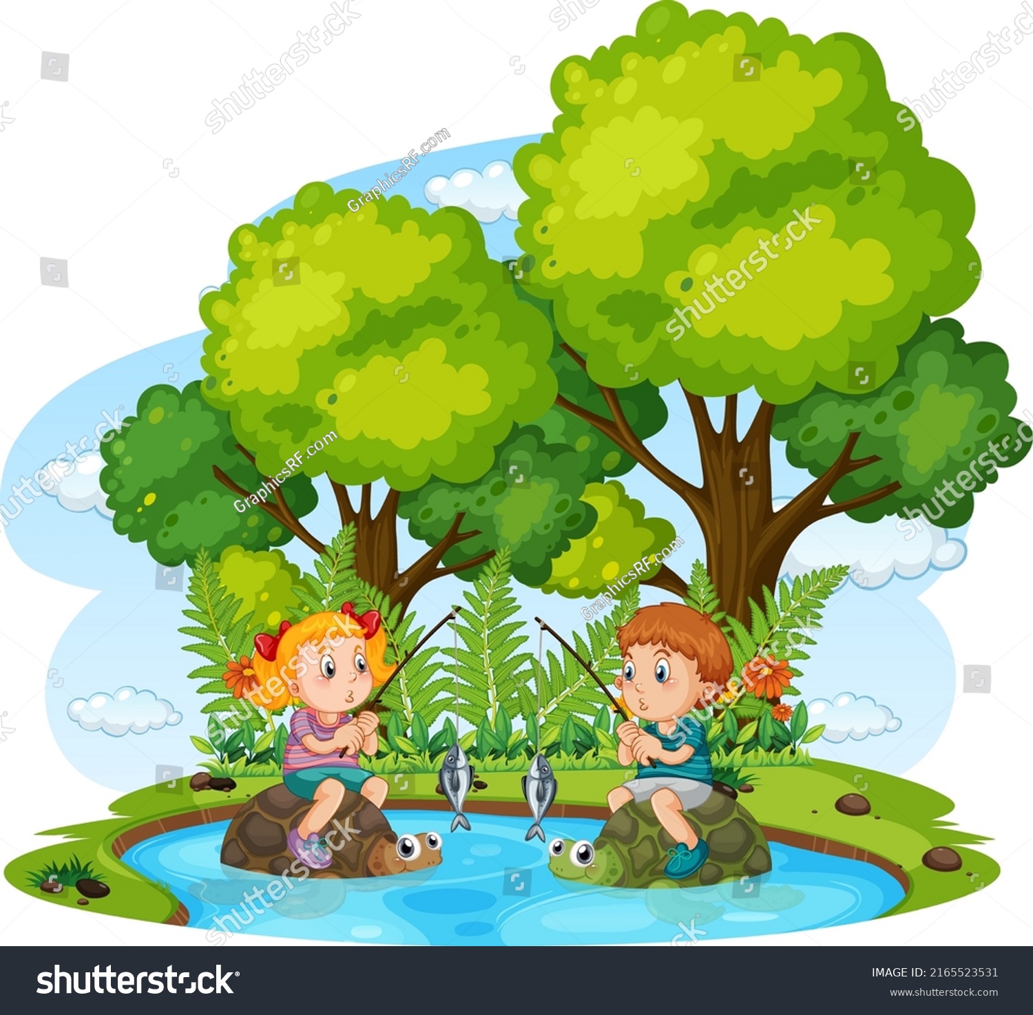 Happy Children Fishing Pond Illustration Stock Vector (Royalty Free ...