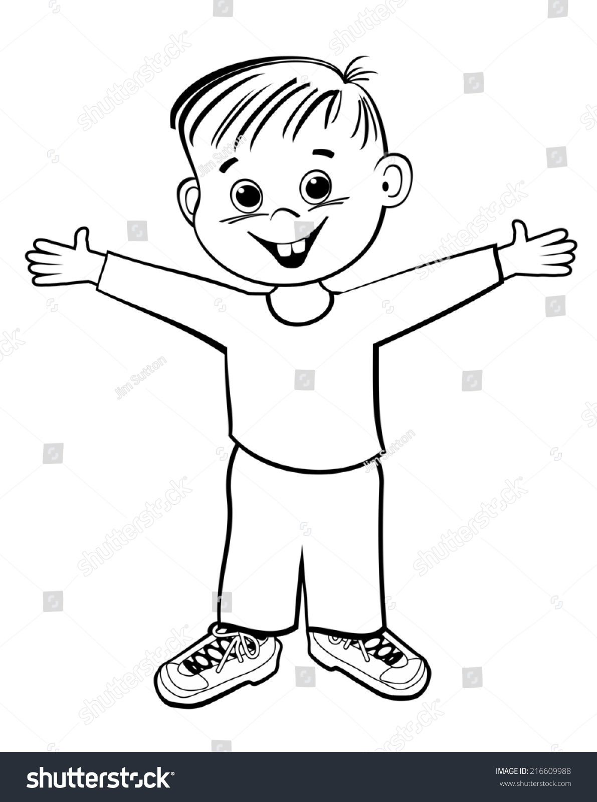 Black White Illustration Smiling Boy Standing Stock Illustration ...