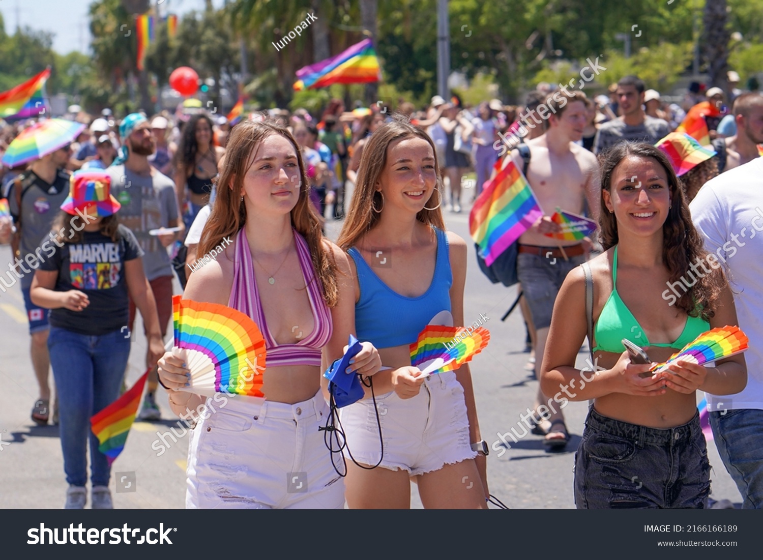 Three Young Girls Rainbow Flags Tolerance Stock Photo 2166166189 ...