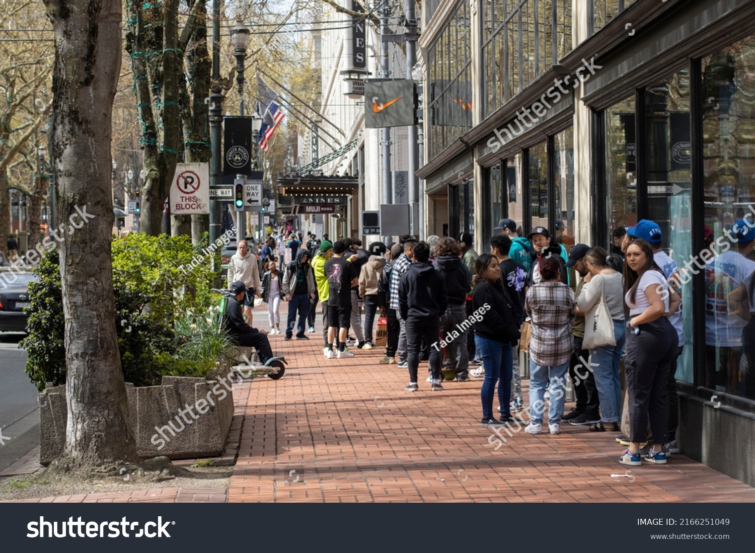 Portland Usa Apr 1 2022 Nike Stock Photo 2166251049 Shutterstock   Stock Photo Portland Or Usa Apr Nike Fans Wait In Line Outside The Nike S Flagship Store In 2166251049 