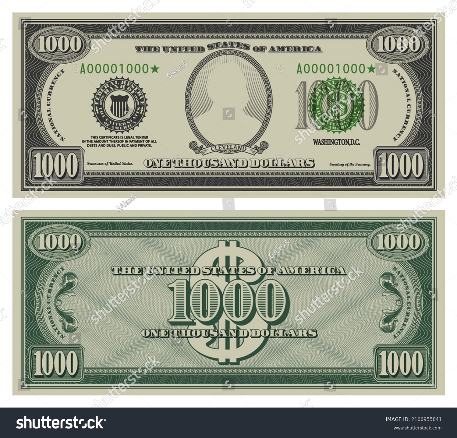 One Thousand Dollars Banknote Gray Obverse Stock Vector (Royalty Free ...