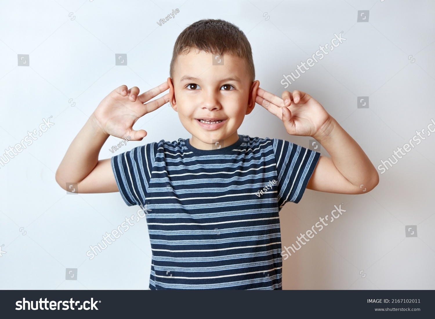 Cheerful Little Boy Smile Hands Bends Stock Photo 2167102011 | Shutterstock