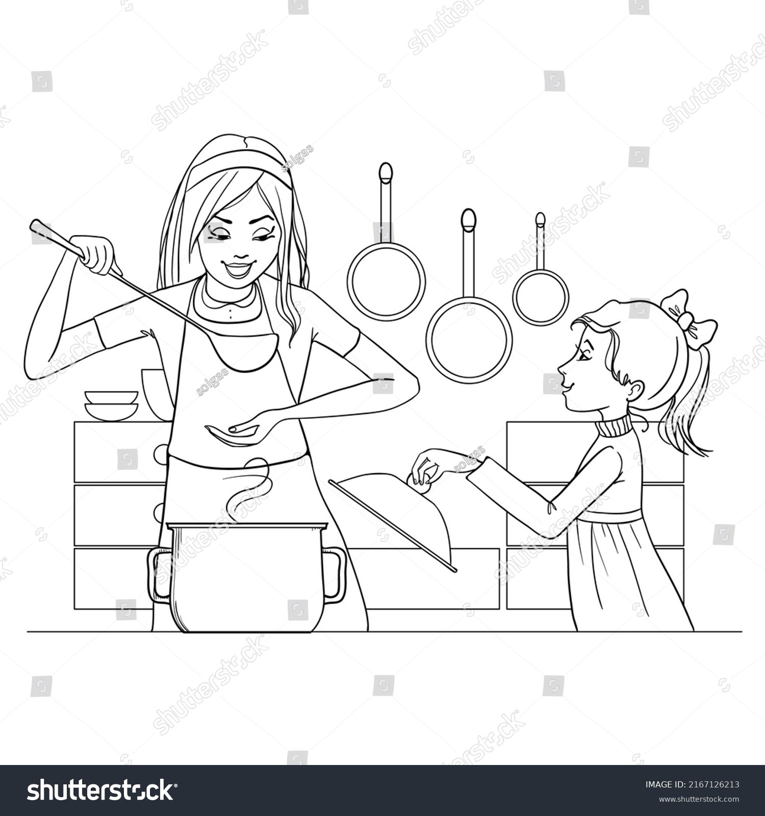 Mother Daughter Test Food Kitchen Outline Stock Vector (Royalty Free ...