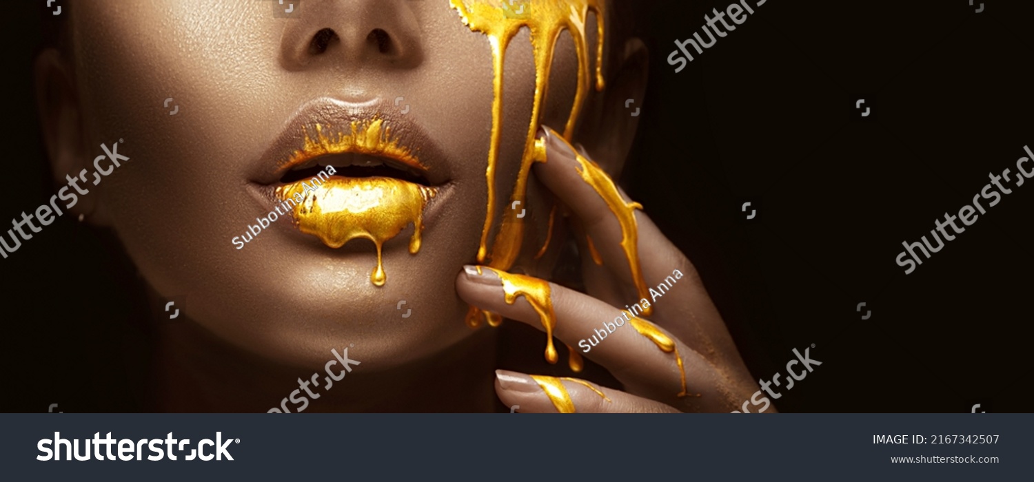 Gold Paint Smudges Drips Face Lips Stock Photo Shutterstock