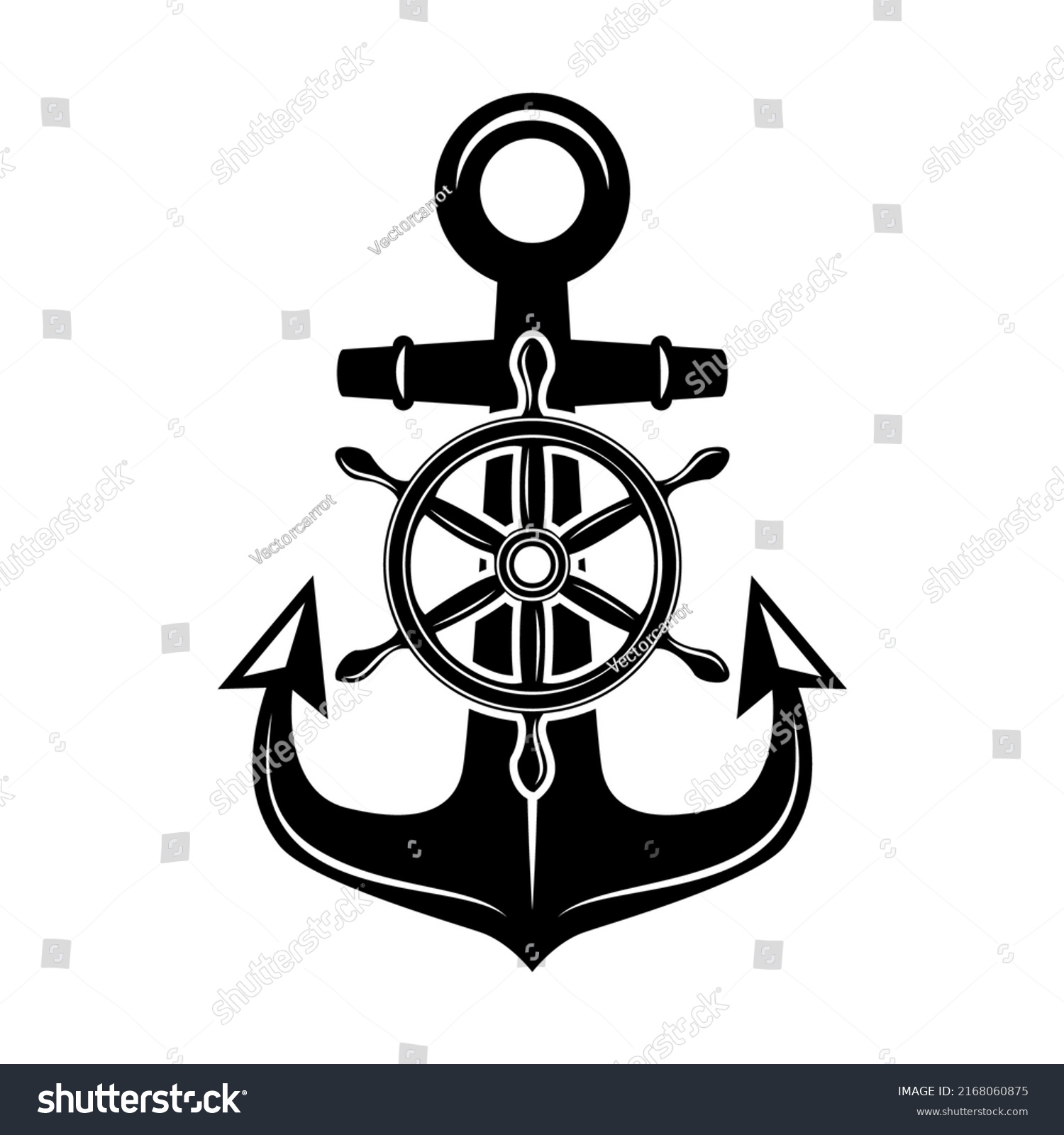 Illustration Anchor Ship Steering Wheel Monochrome Stock Vector ...