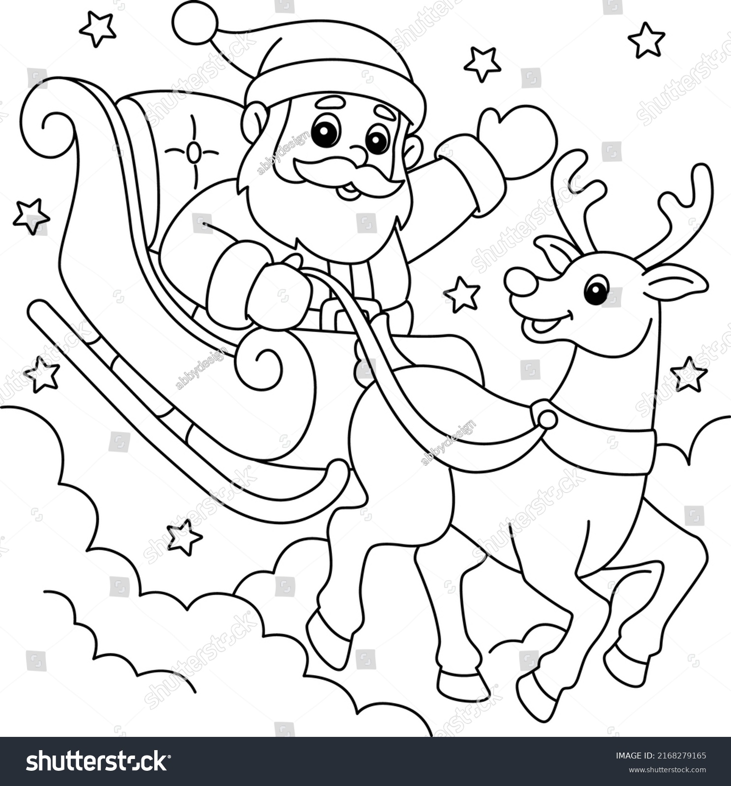 Christmas Santa Sleigh Reindeer Coloring Page Stock Vector (Royalty ...