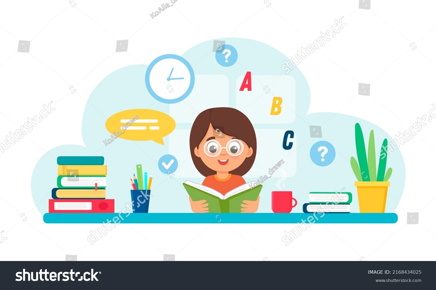 Cute Little Kid Girl Doing Homework Stock Illustration 2168434025 ...