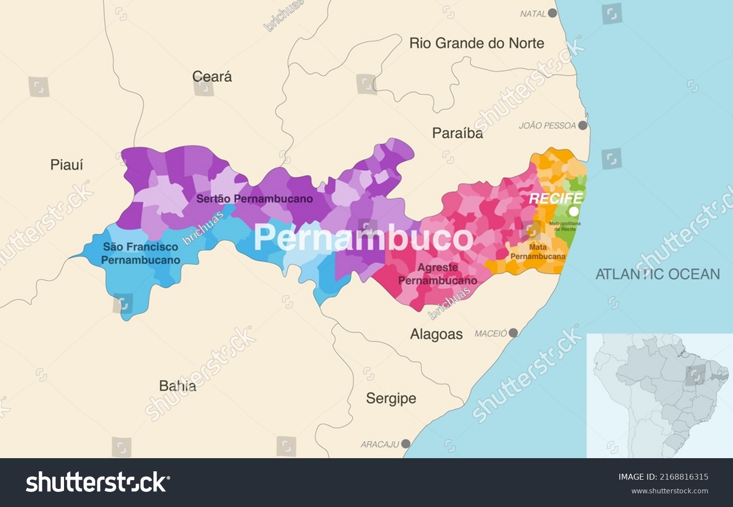 Brazil State Pernambuco Administrative Map Showing Stock Vector ...