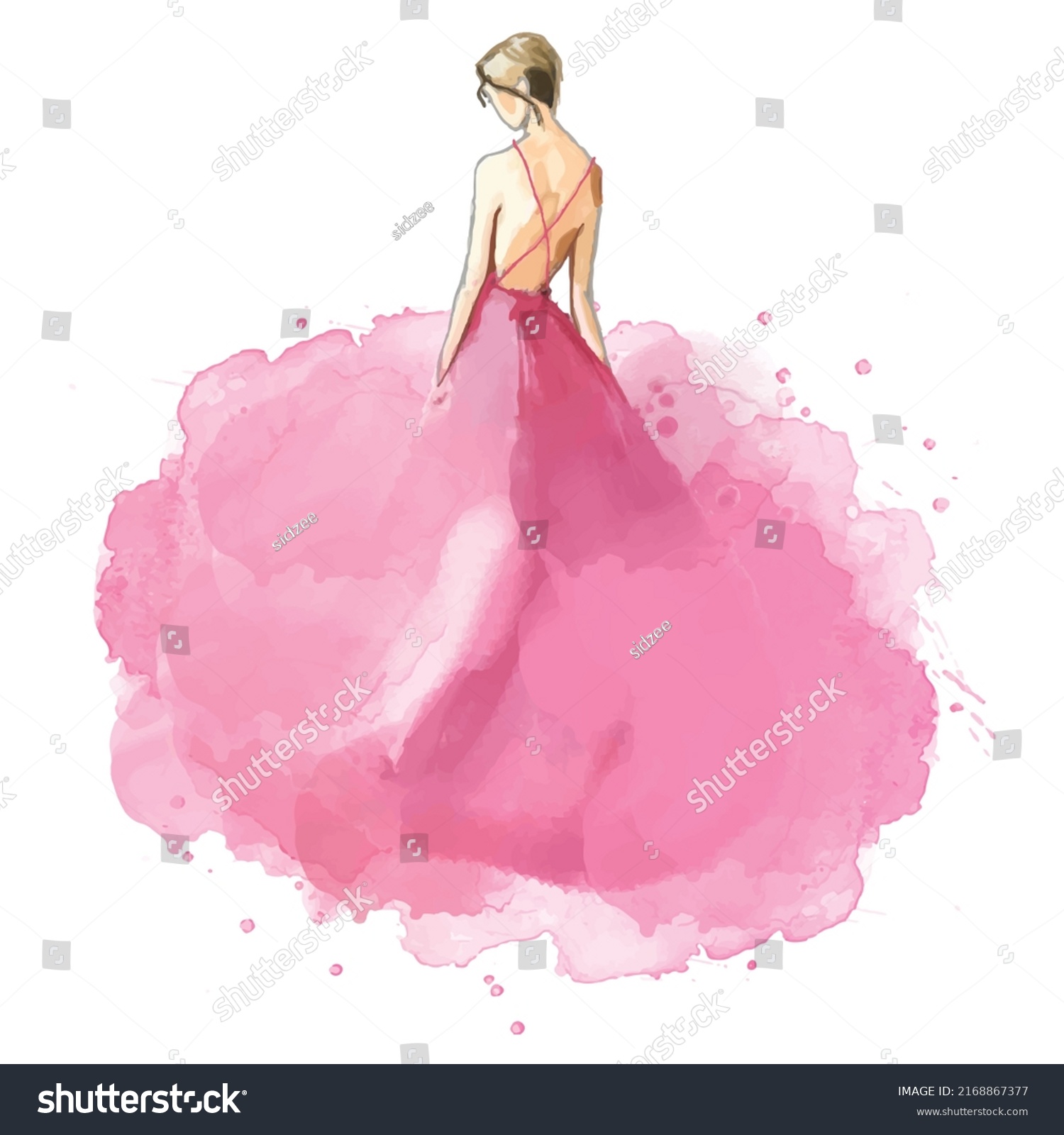 Watercolor Fashion Girl Pink Cloud Frock Stock Vector (Royalty Free ...