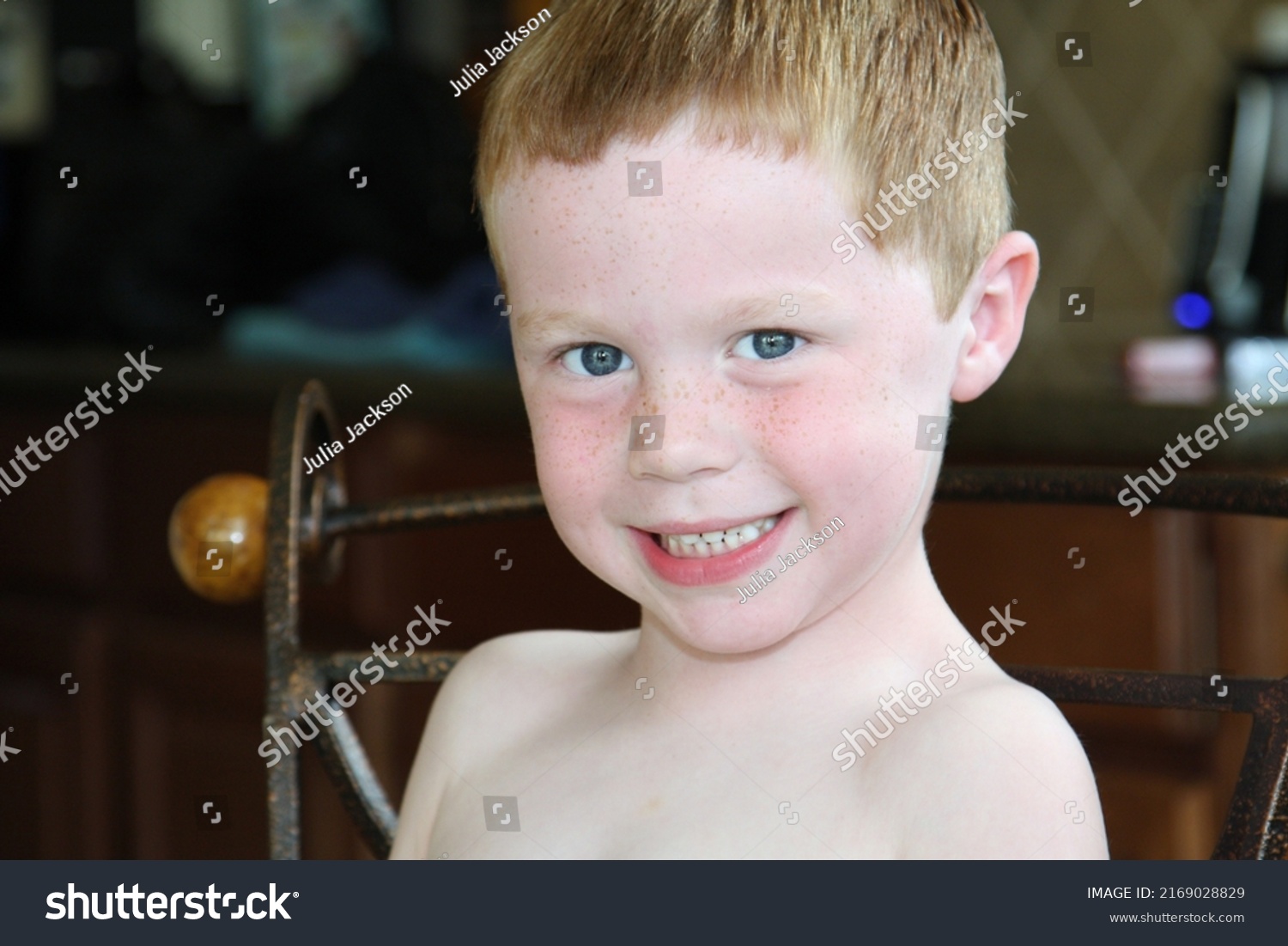 Cute Preschool Boy Smiles Camera Close Stock Photo 2169028829