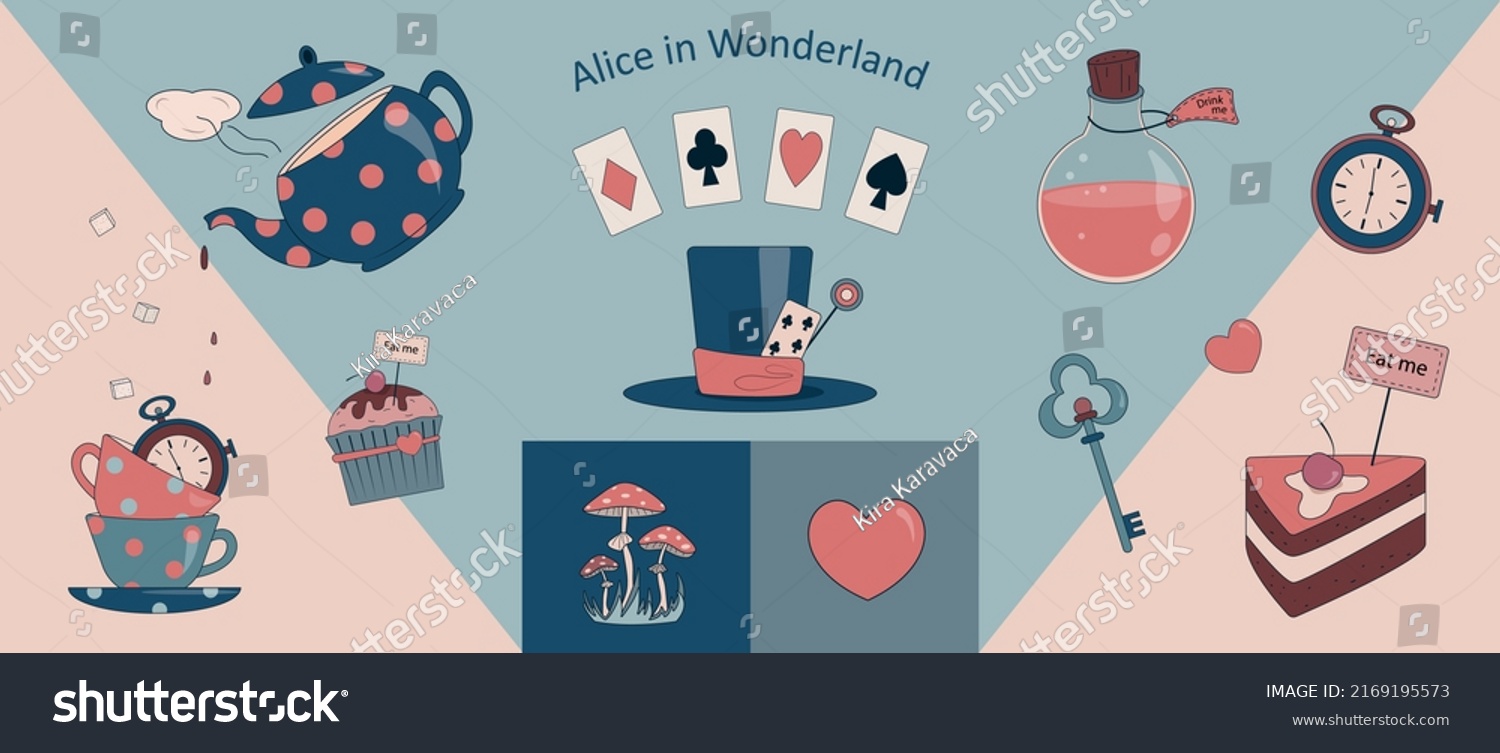 Vektor Stok Alice Wonderland Vector Illustration Set Elements Tanpa Stock Vector Alice In Wonderland Vector Illustration Set Of Elements And Accessories From The Fairy Tale 2169195573