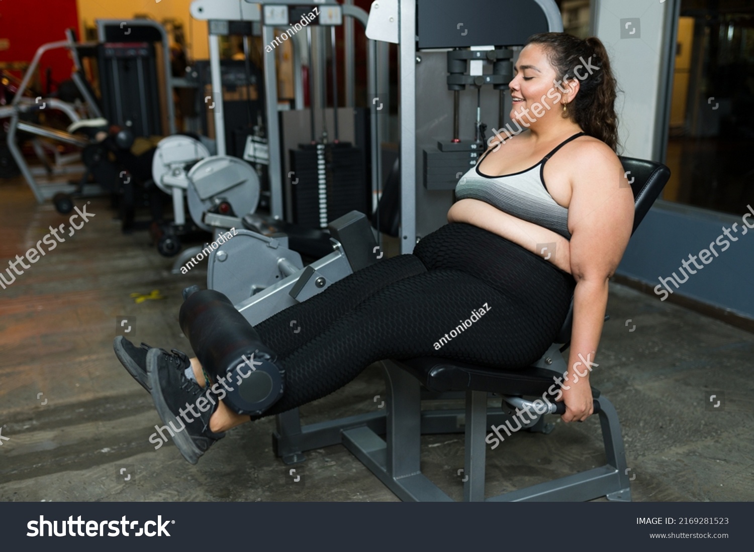 Cheerful Fat Woman Doing Leg Exercises Stock Photo 2169281523 ...