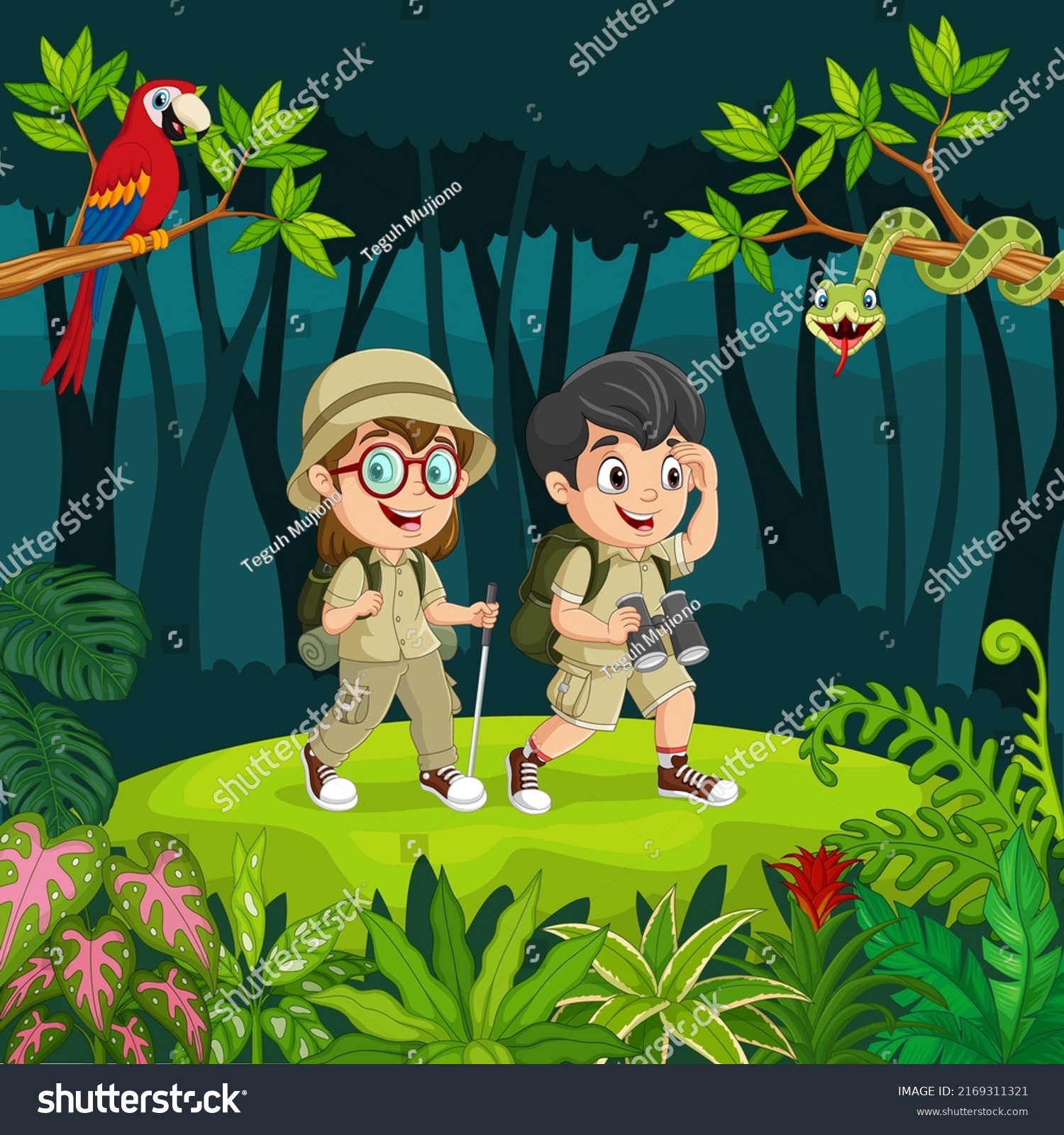 Cartoon Explorer Kids Animals Jungle Stock Vector (Royalty Free ...