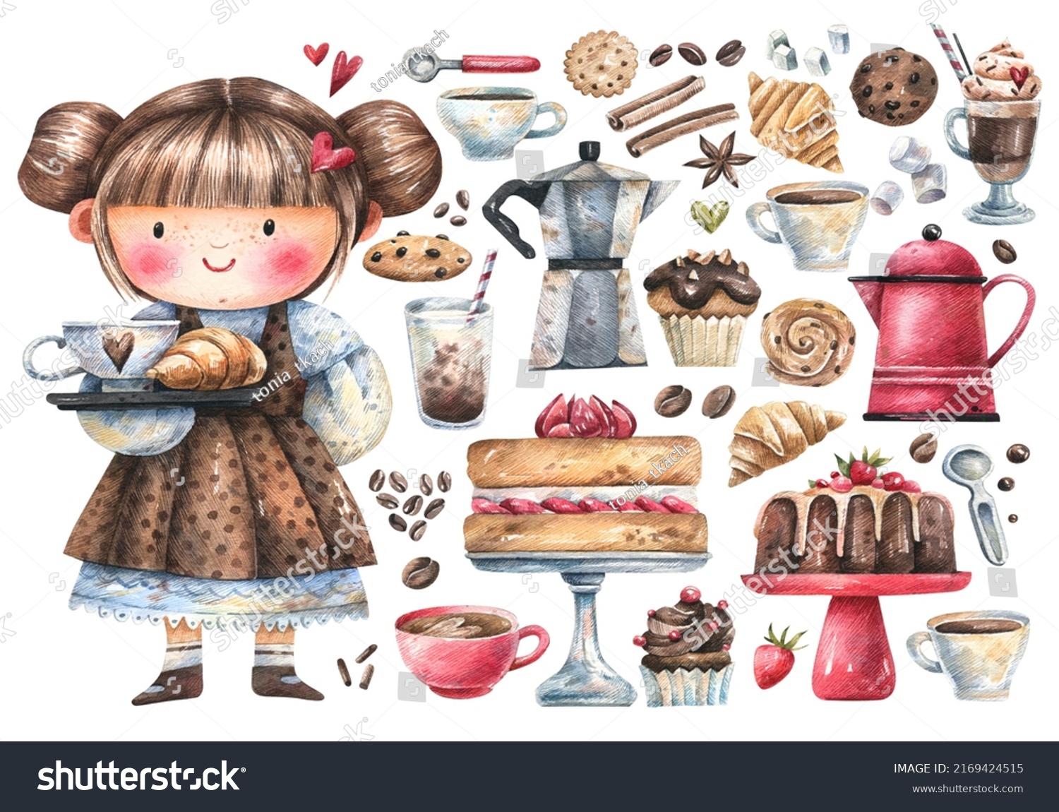 Cute Barista Girl Desserts Coffee Drinks Stock Illustration 2169424515 ...