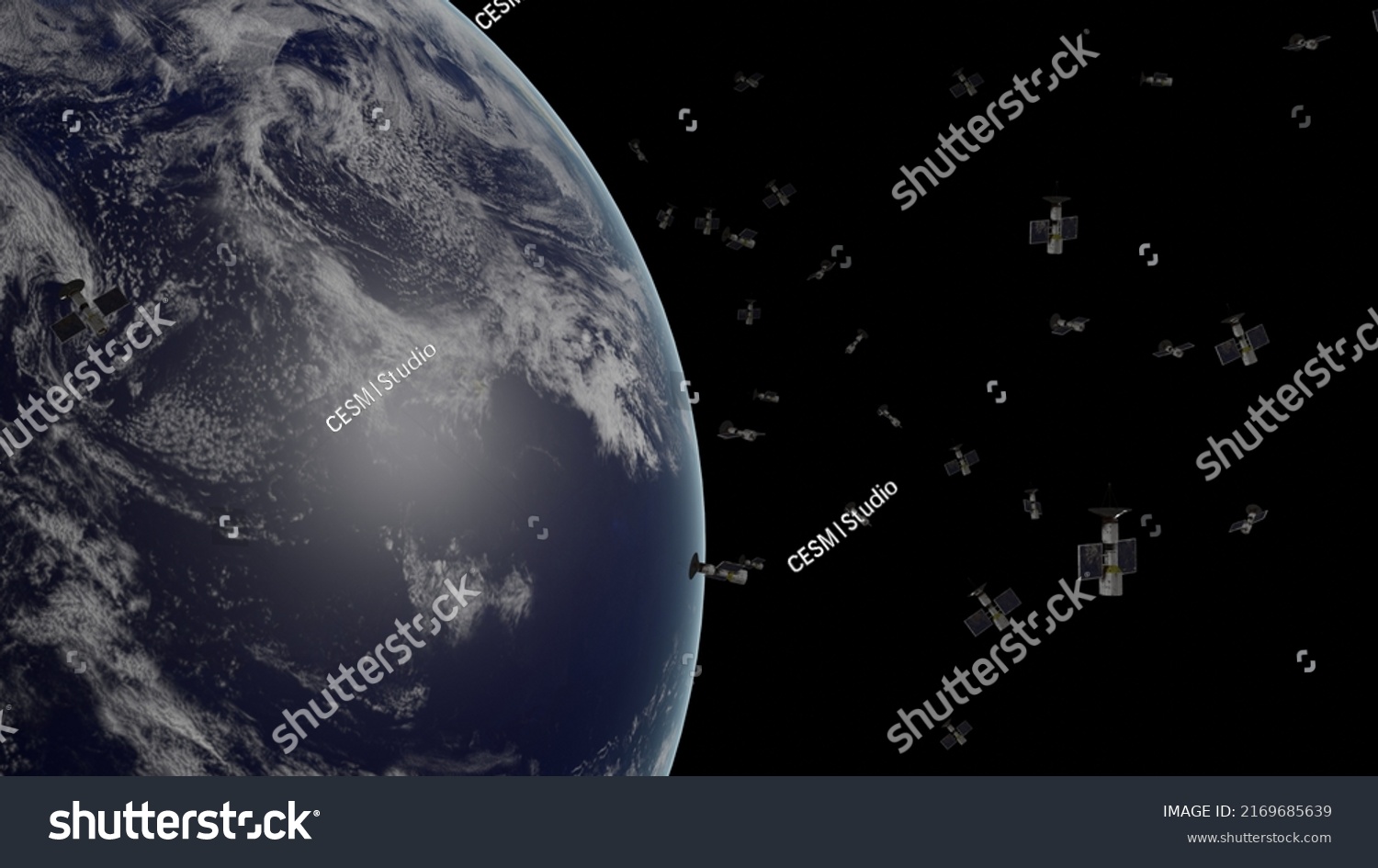 Planet Earth Many Satellites Around View Stock Illustration 2169685639