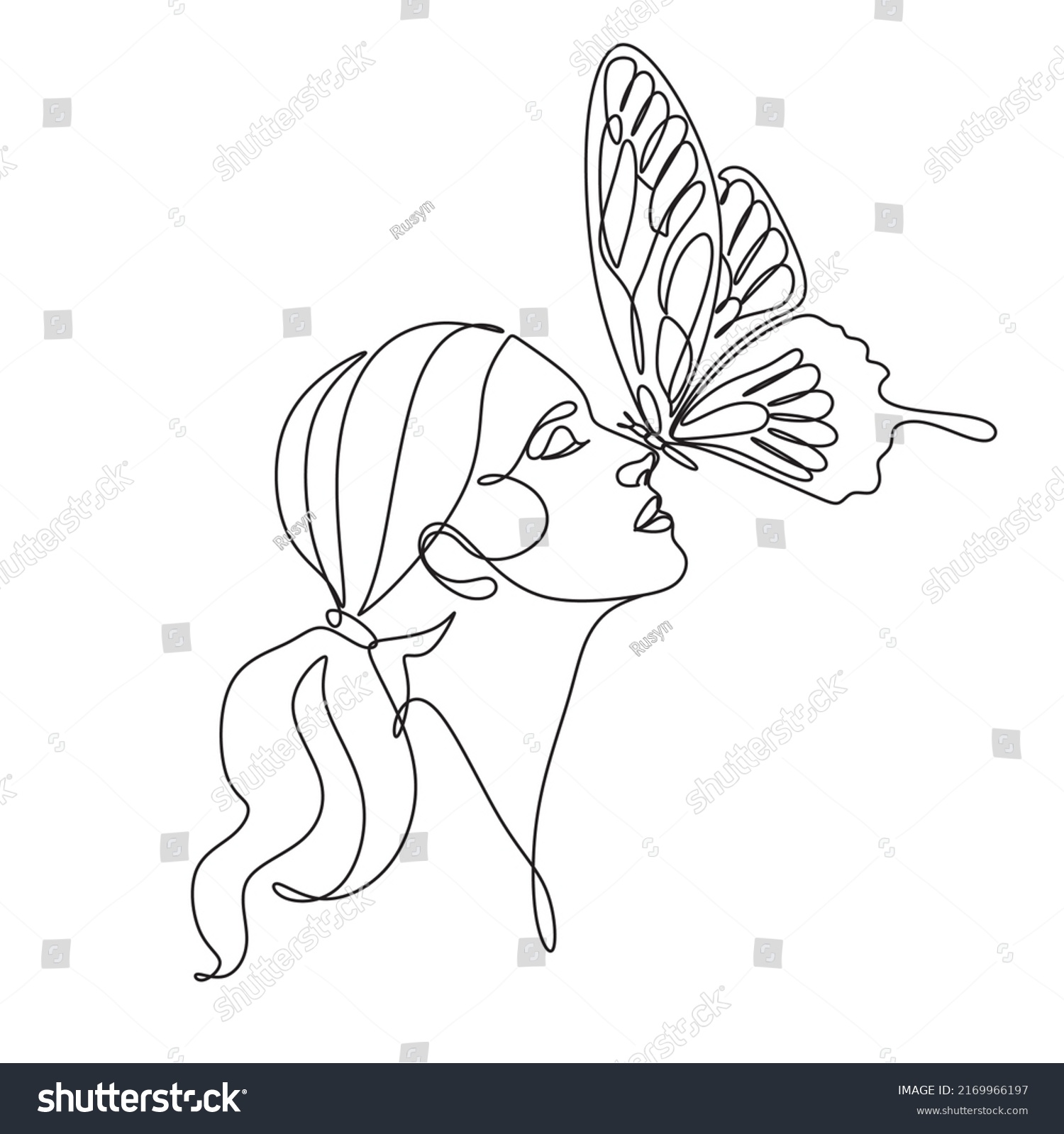 Woman Head Butterfly Continuous Line Drawing Stock Vector Royalty Free 2169966197 Shutterstock