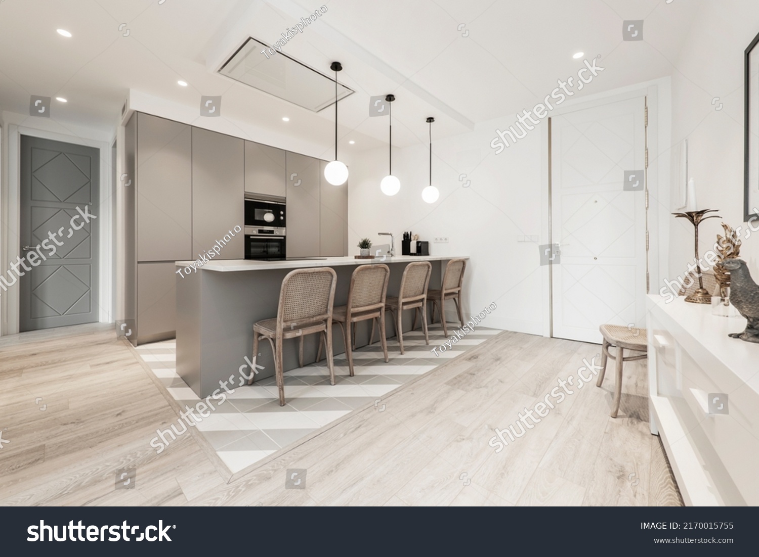 Stock Photo Modern Kitchen Island With Dining Chairs White Wooden Sideboard And Gray Furniture Columns 2170015755 