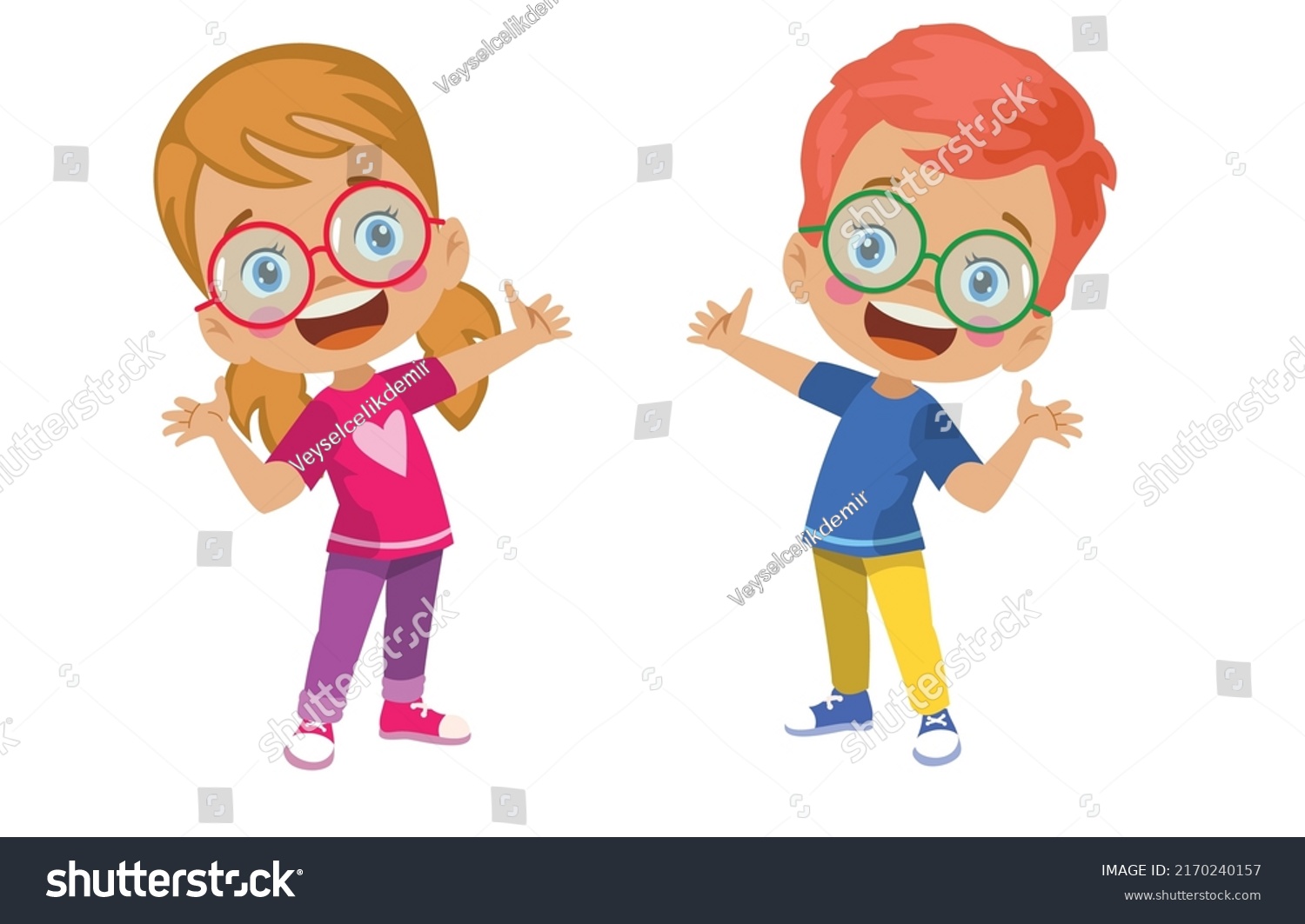 Cute Happy Pointing Boy Girl Stock Vector (Royalty Free) 2170240157 ...