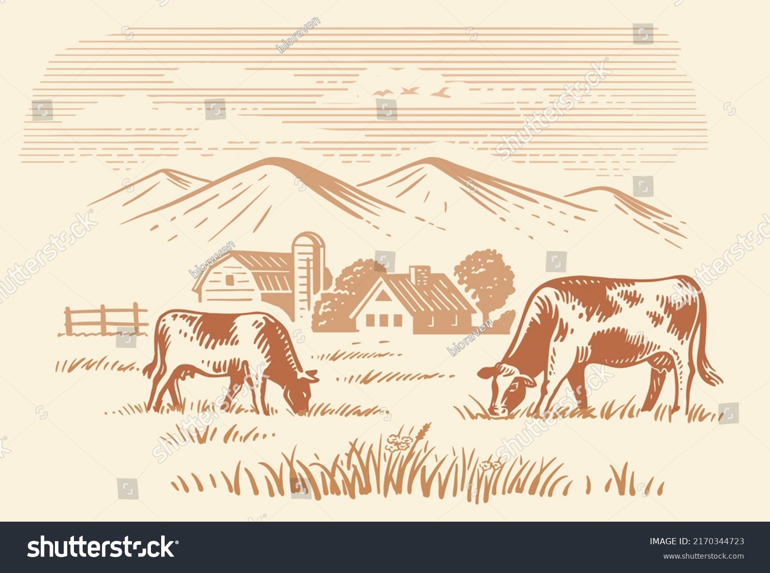 Cows Grazing On Meadow Hand Drawn Stock Vector (Royalty Free ...