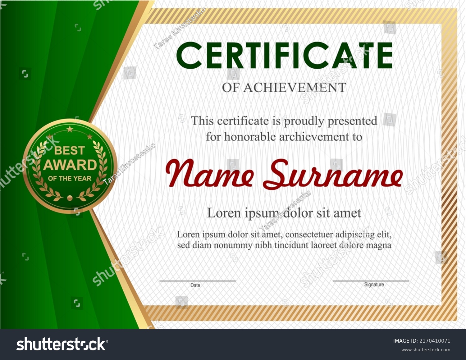 Vector Green Gold Certificate Template Stock Vector (Royalty Free ...