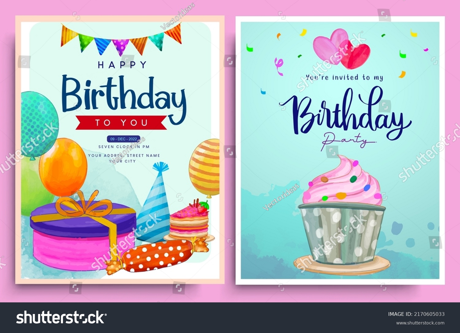 Happy Birthday Greeting Cards Poster Watercolor Stock Vector (Royalty ...