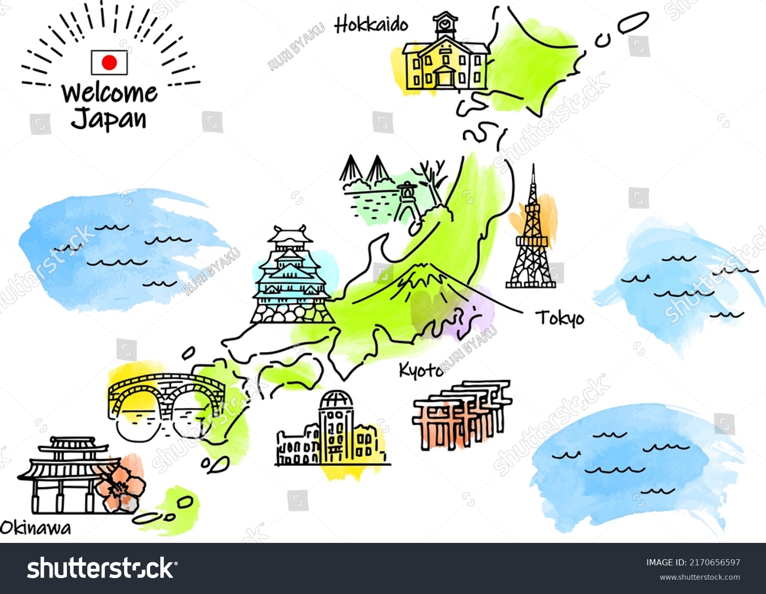 Hand Drawing Japan Tourist Spot Map Stock Vector (Royalty Free ...