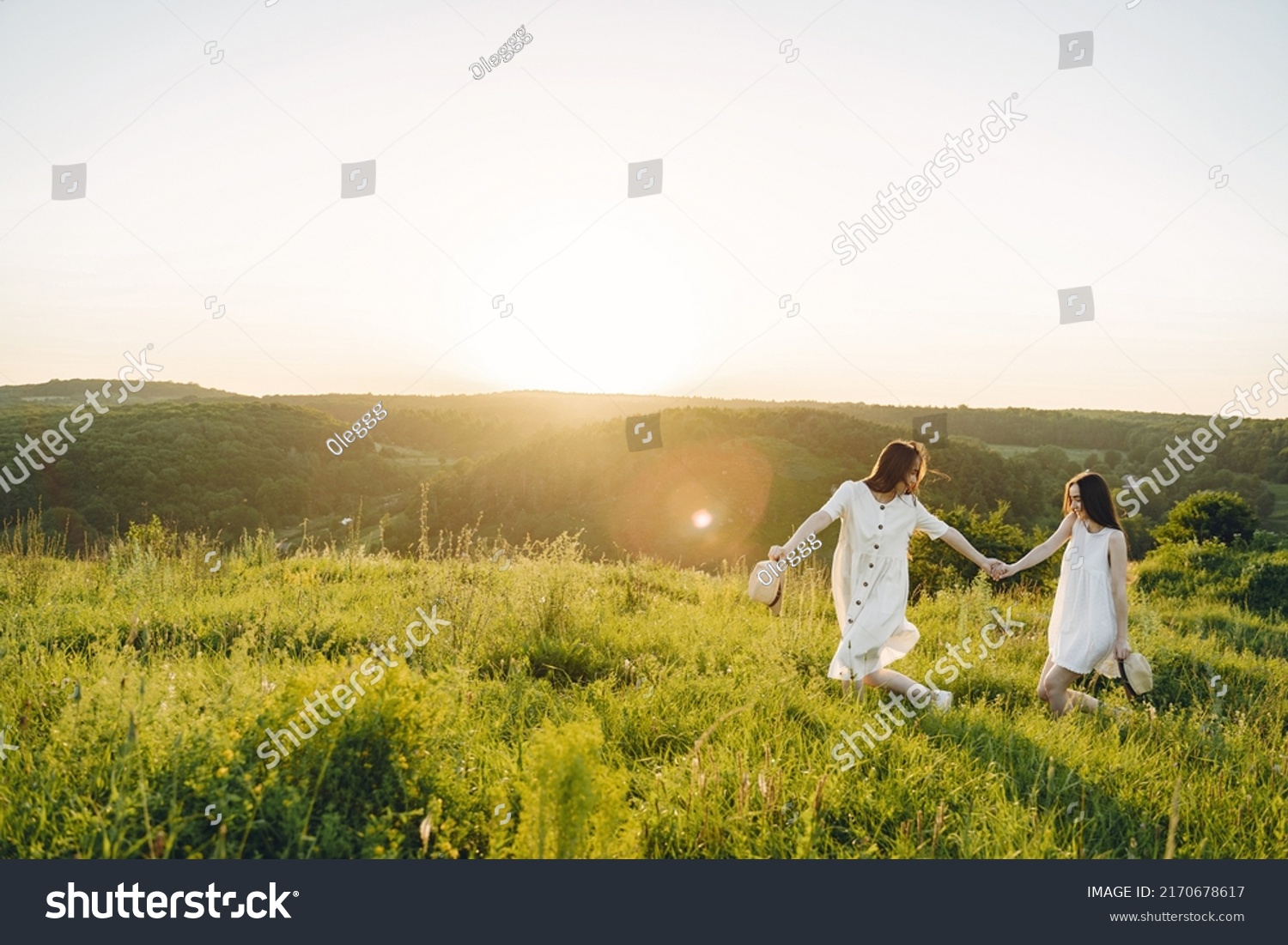 Portrait Two Sisters White Dresses Long Stock Photo 2170678617