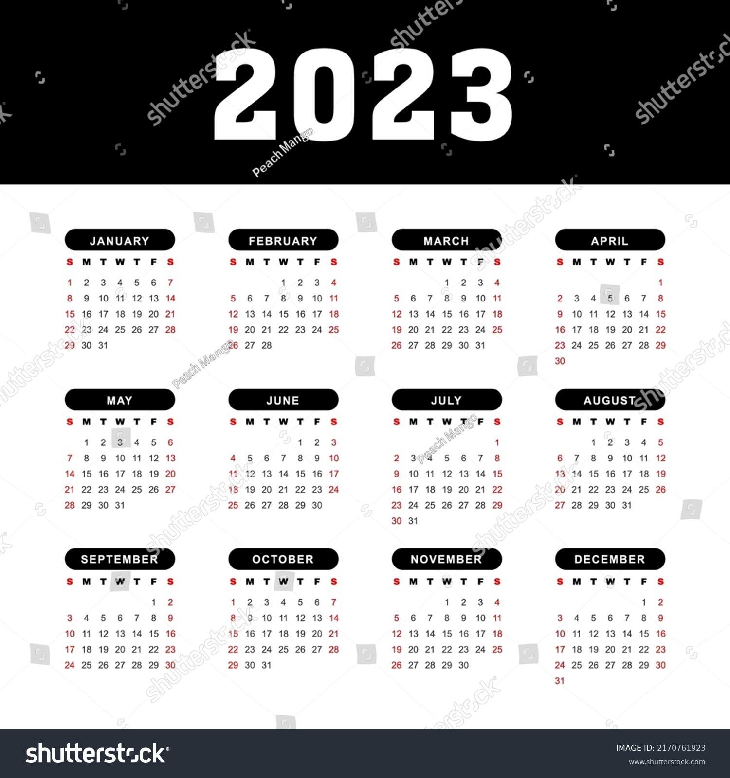 Simple Black 2023 Calendar Vector Design Stock Vector (Royalty Free ...