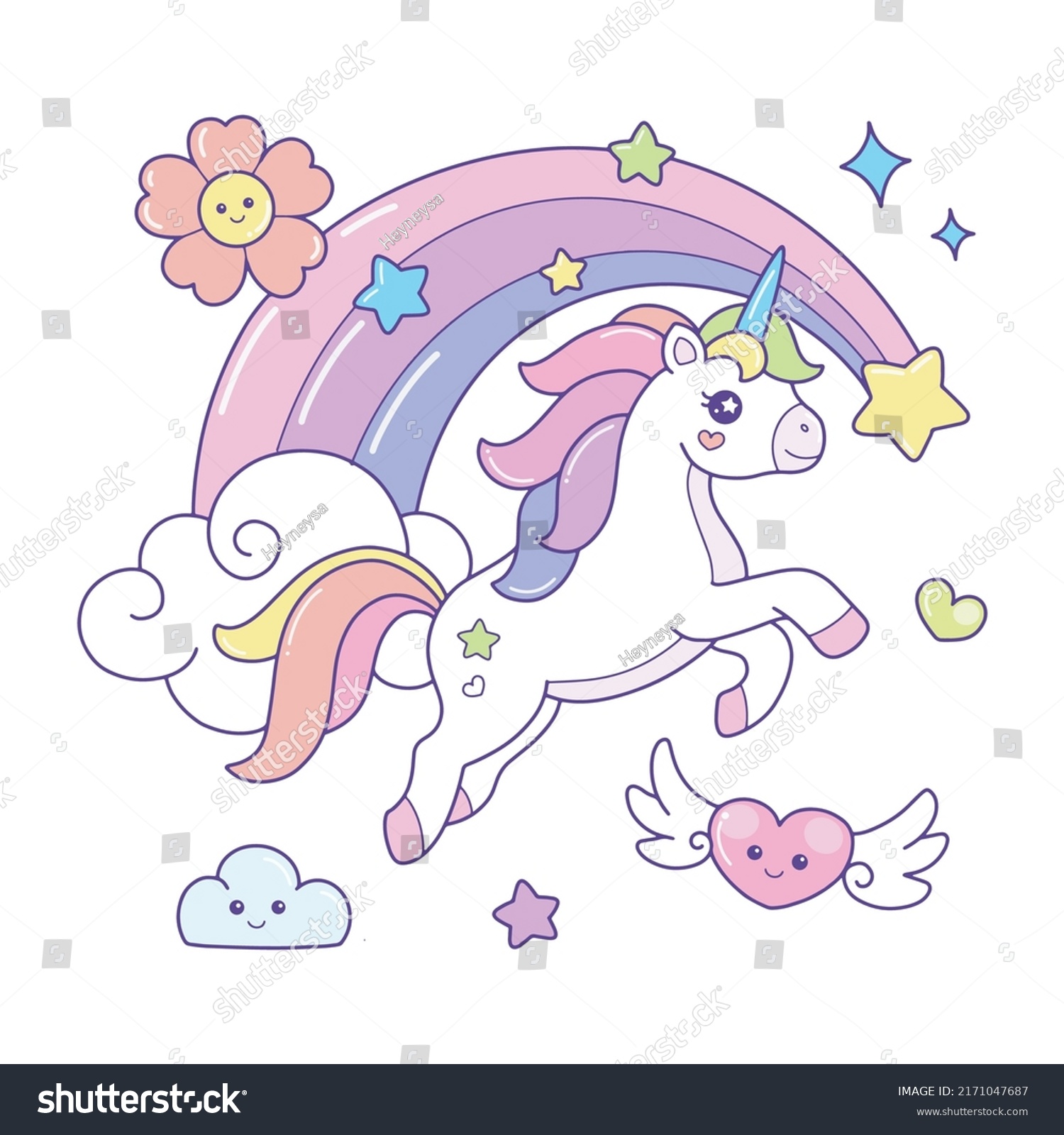 Cute Unicorn Flying Over Rainbow Illustration Stock Vector (Royalty ...