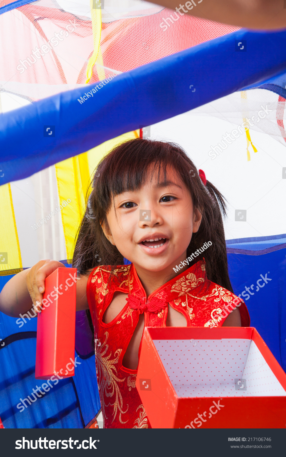 Stock Photo Happy Chinese Little Girl New Year Smiling Chinese Kid Girl Dress Traditional Cheongsam And 217106746 