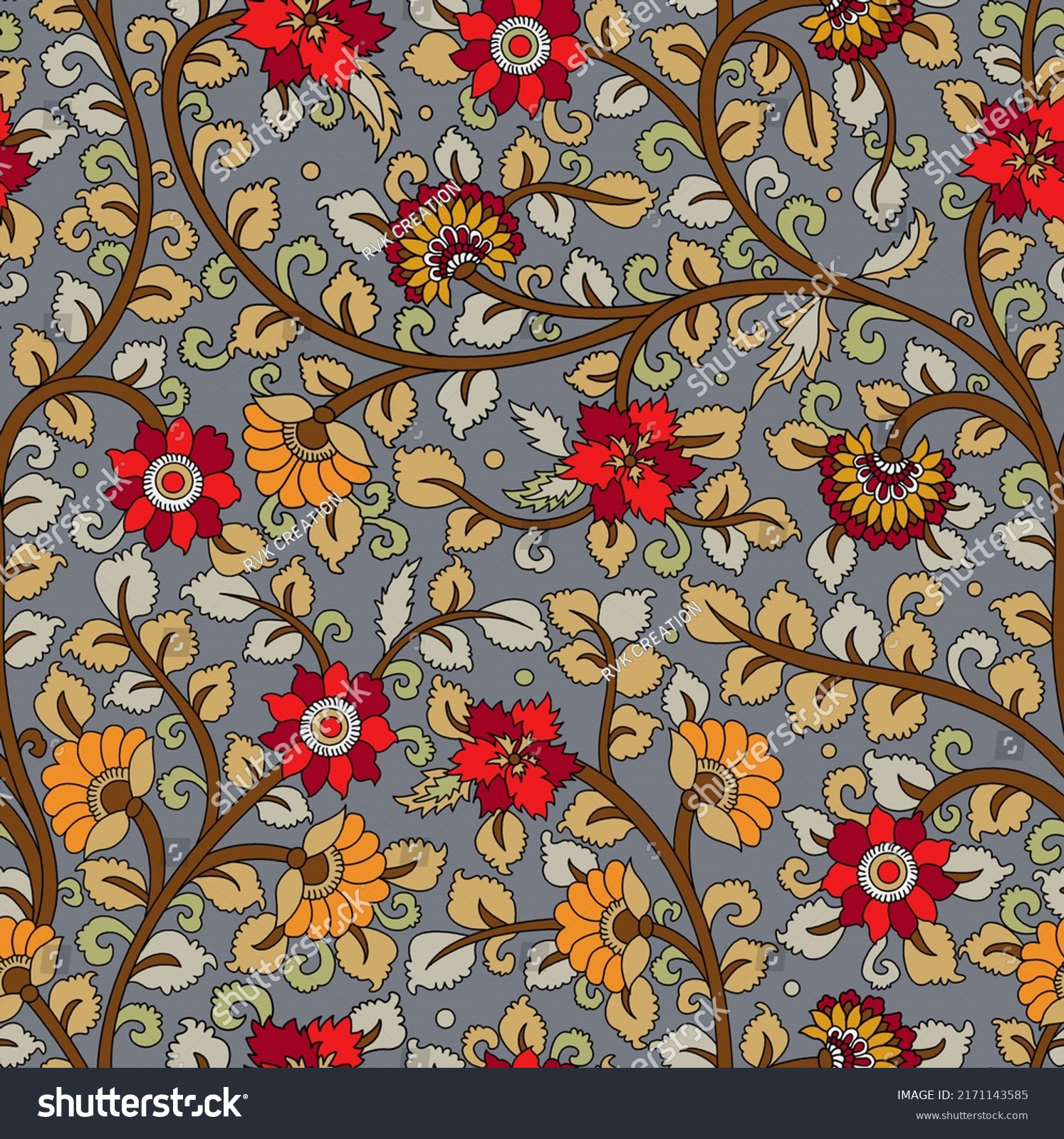 Kalamkari Design All Over Pattern Stock Illustration 2171143585