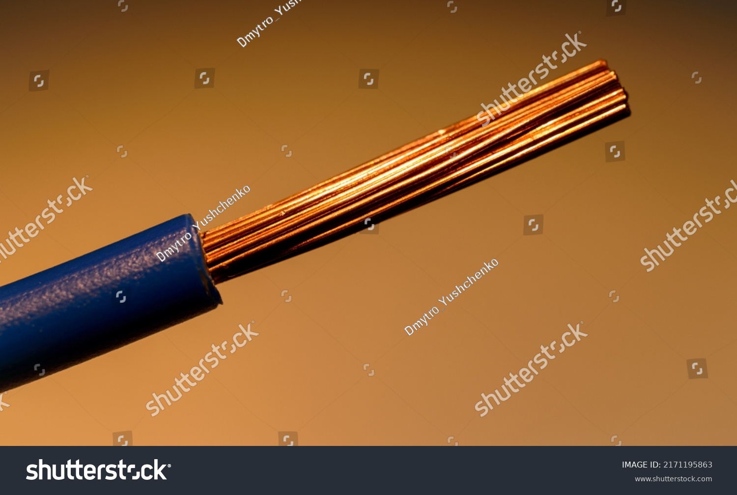 Naked Copper Wire Blue Insulation Macro Stock Photo