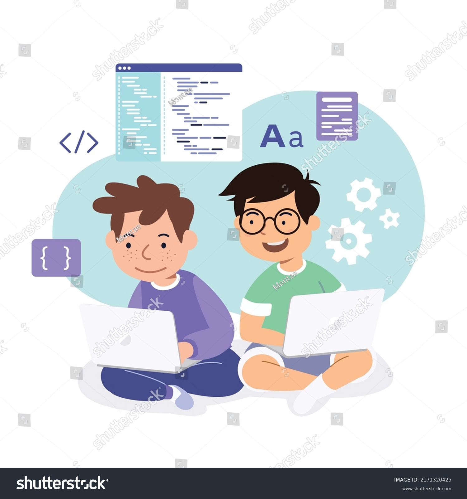 Two Boys Laptops Learn Code Programming Stock Vector (Royalty Free ...