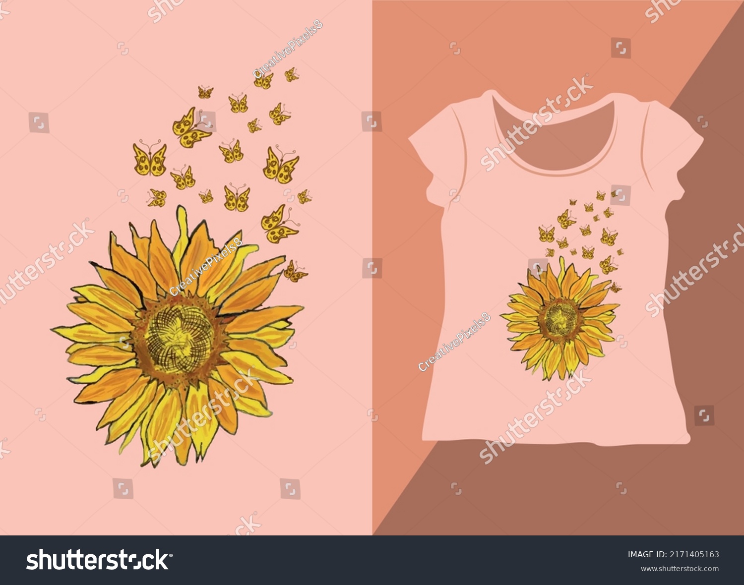 Hand Drawn Sunflower Butterfly Illustration Sunflower Stock Vector Royalty Free 2171405163 