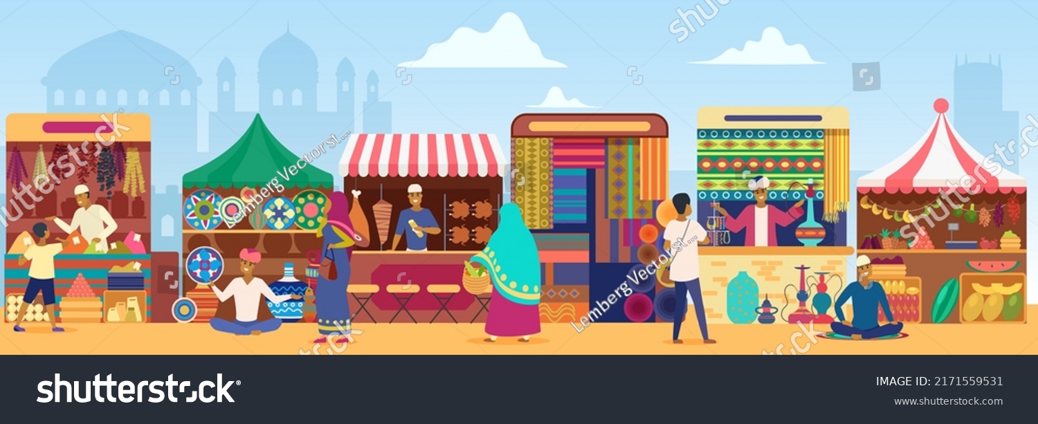 Asian Outdoor Street Market Local People Stock Vector (Royalty Free ...