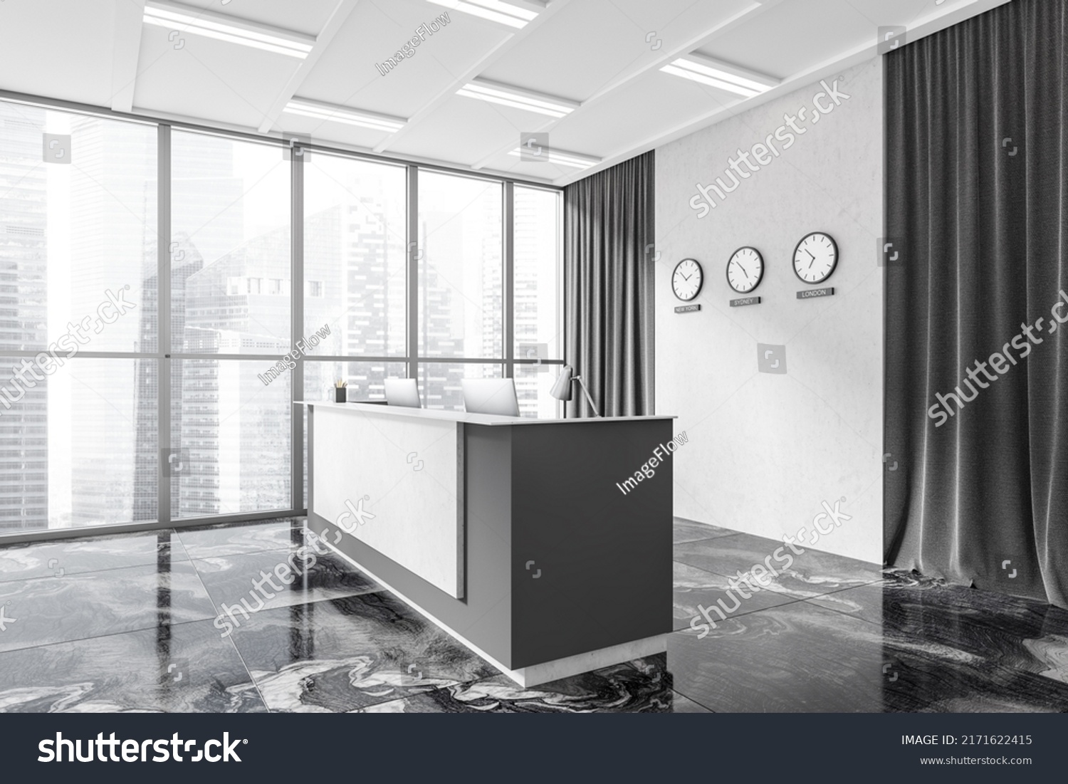 Dark Office Interior Reception Desk Pc Stock Illustration 2171622415 ...