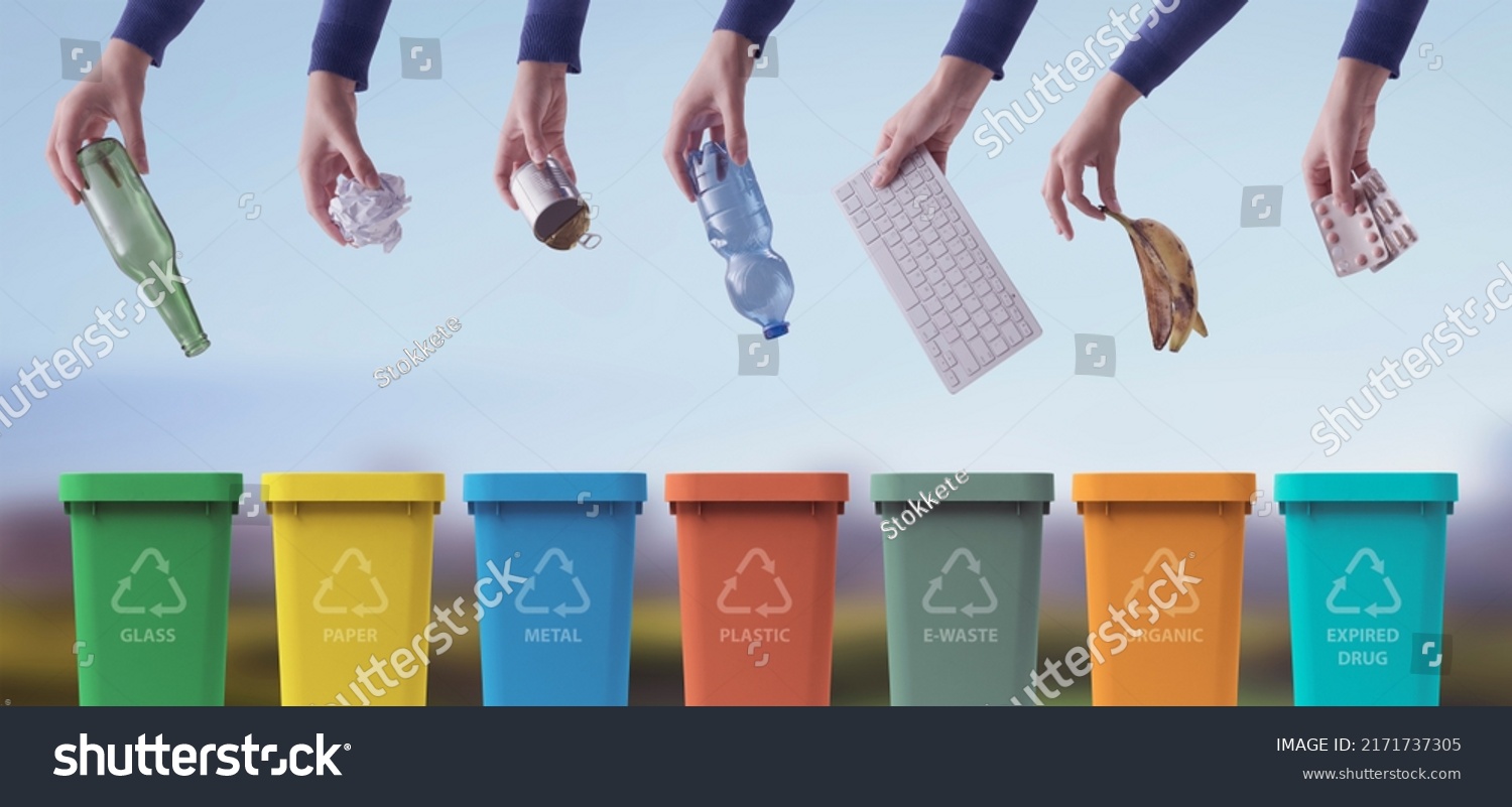 Hands Putting Waste Different Trash Bins Stock Photo 2171737305 ...