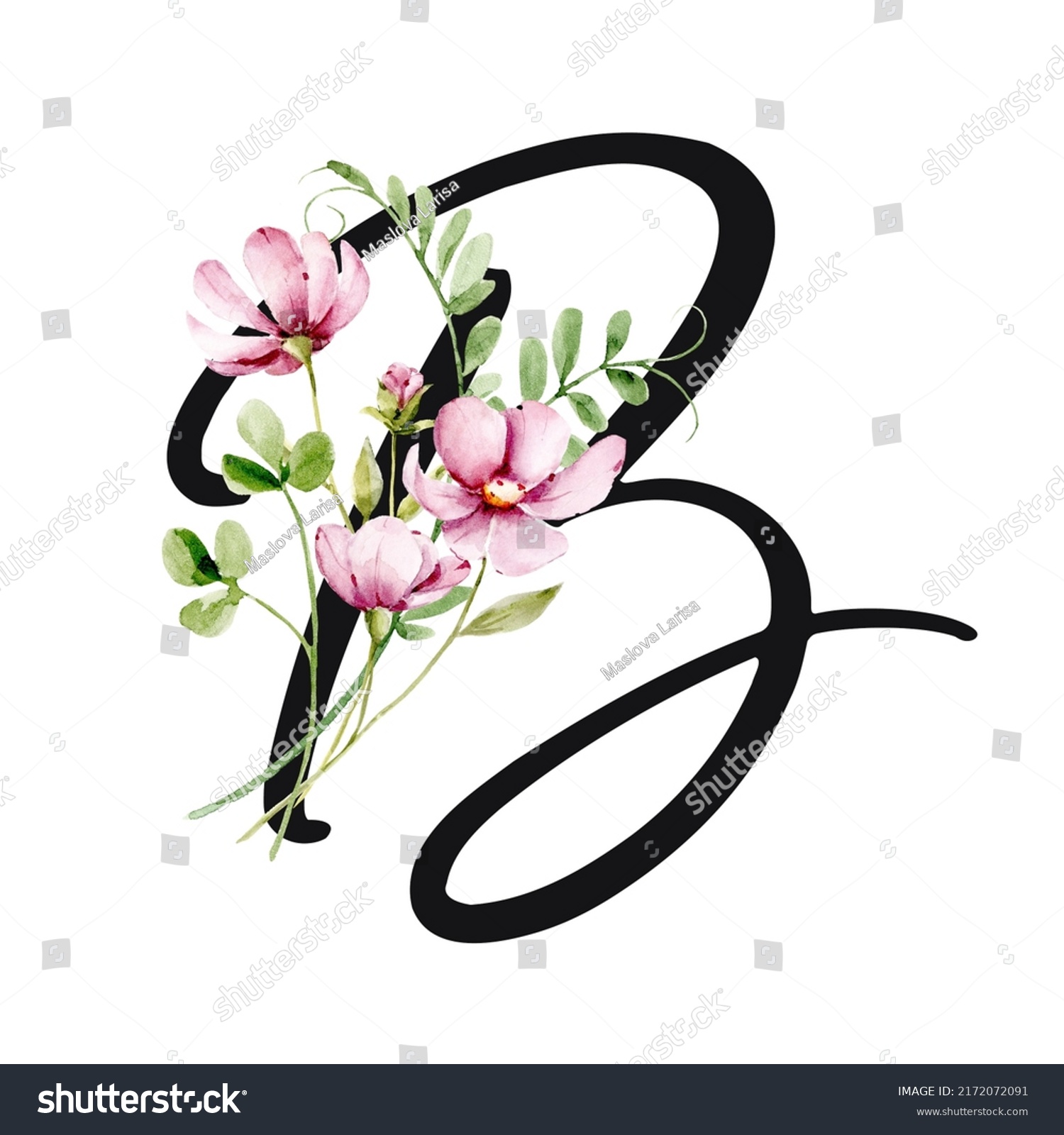 Floral Alphabet Letter B Watercolor Flowers Stock Illustration ...