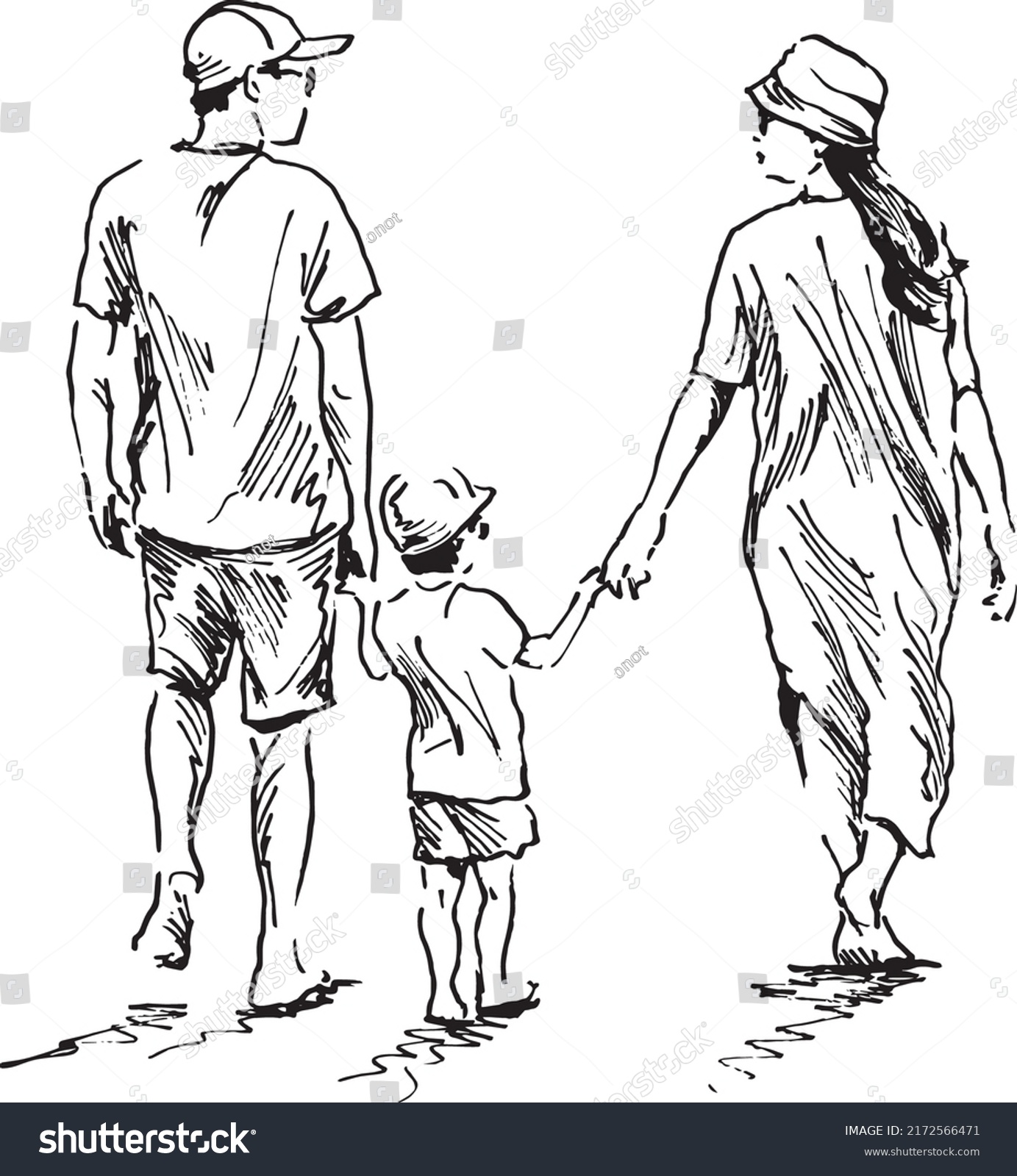 Hand Sketch Family On Walk Vector Stock Vector (Royalty Free ...