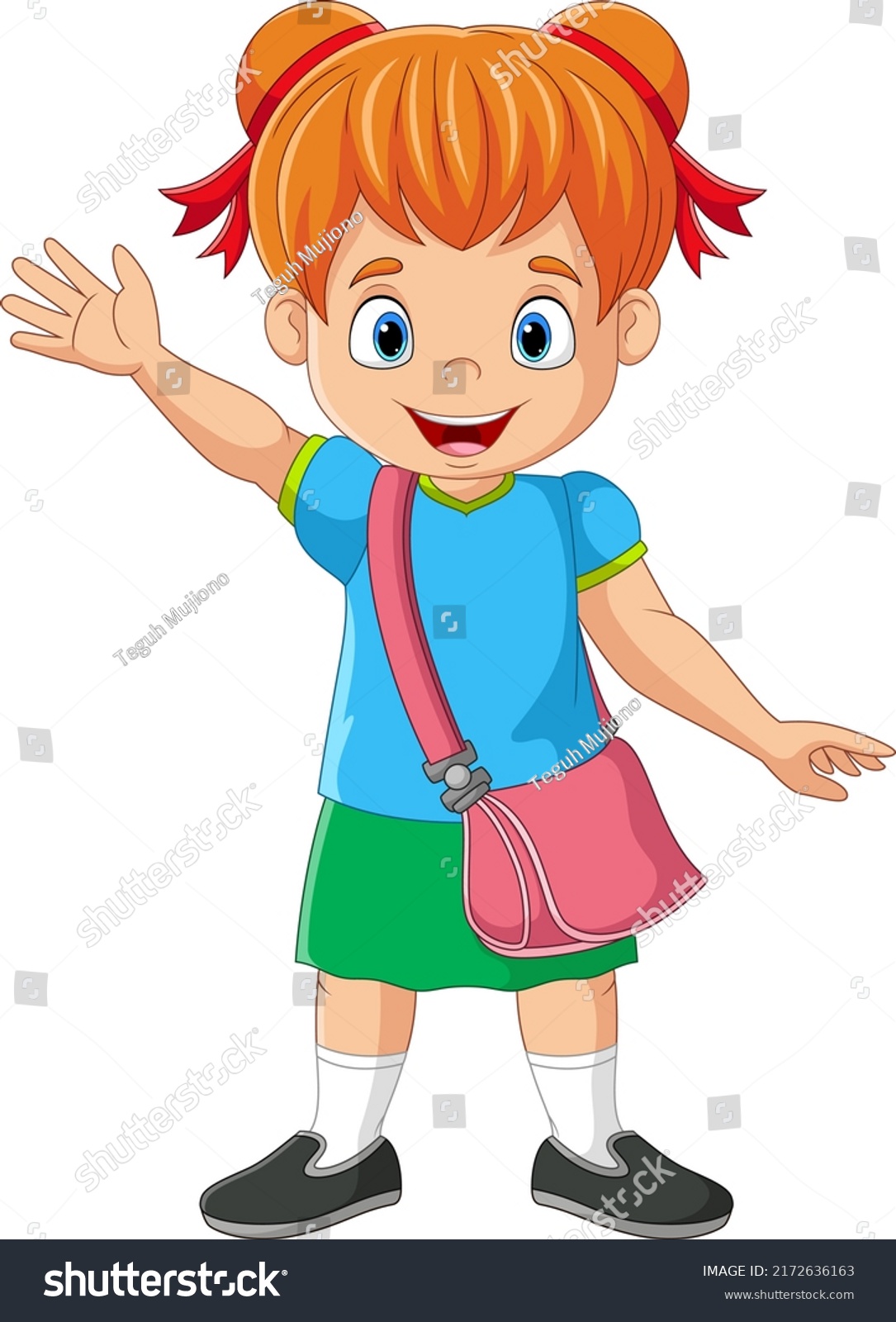 Cartoon School Girl Backpack Waving Hand Stock Vector (Royalty Free ...