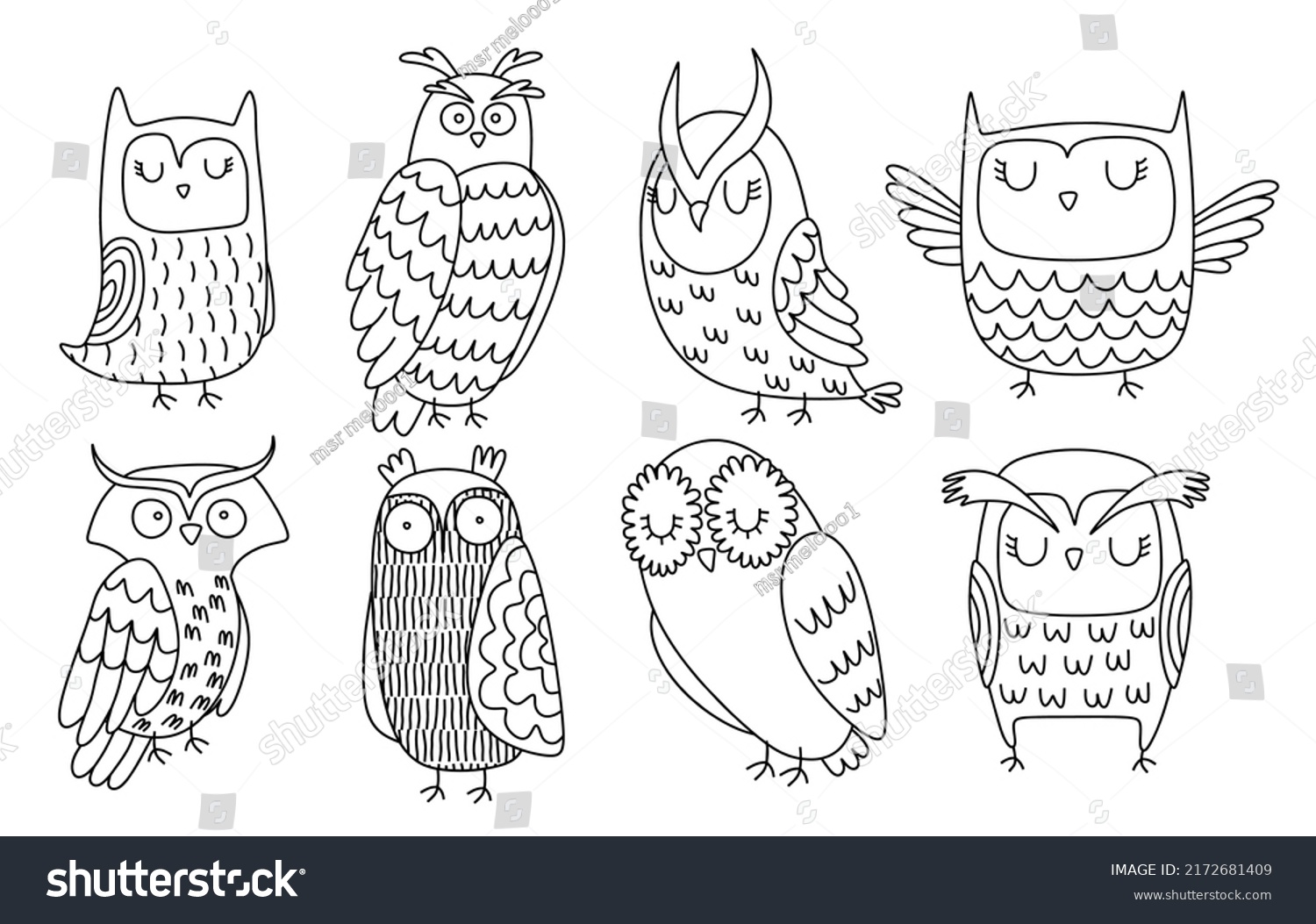 Cartoon Big Set Cute Doodle Owl Stock Vector (Royalty Free) 2172681409 ...