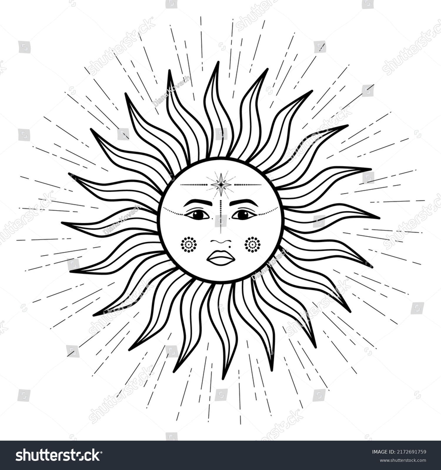 Hand Drawn Mystical Sun Woman Face Stock Vector (Royalty Free ...