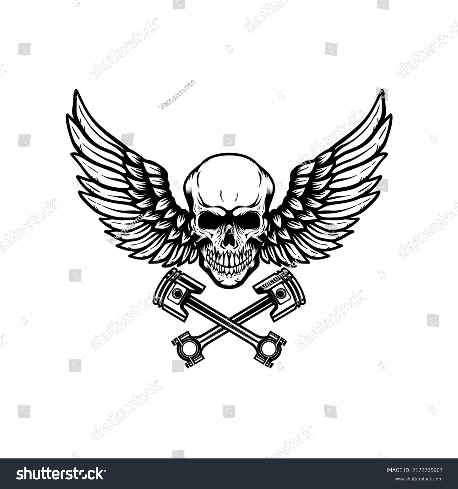 Winged Skull Crossed Pistons Design Element Stock Vector (Royalty Free ...