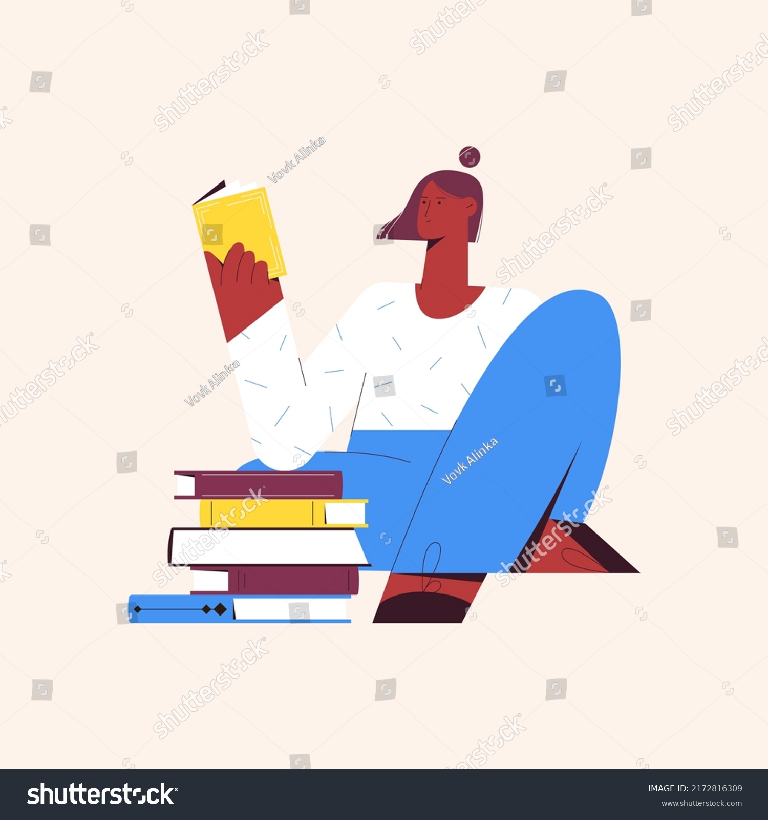 Woman Sitting Reading Book Vector Illustration Stock Vector (royalty 