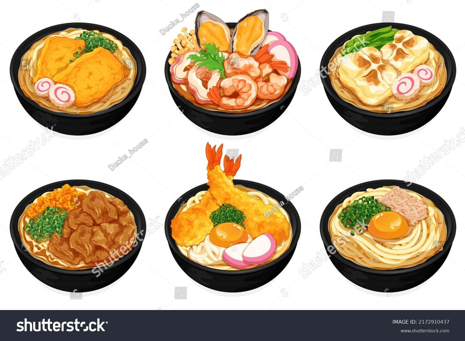 Variety Japanese Udon Noodles Soup Set Stock Vector Royalty Free